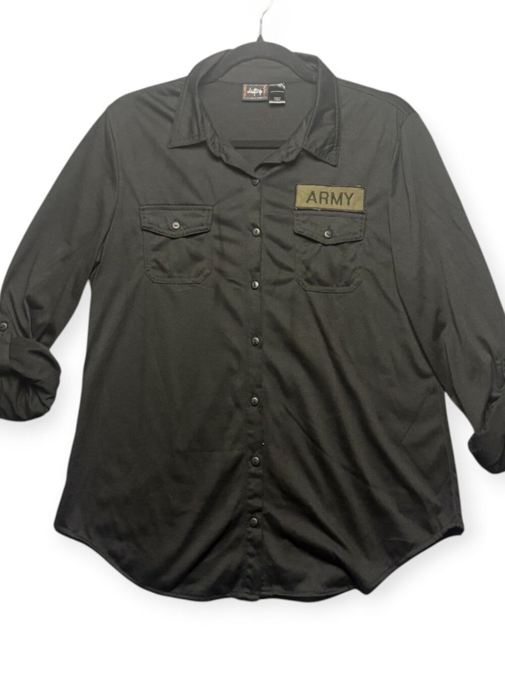 Daytrip Size L Button Front Shirt Black Roll Tab Sleeves Army Patch Military Y2K